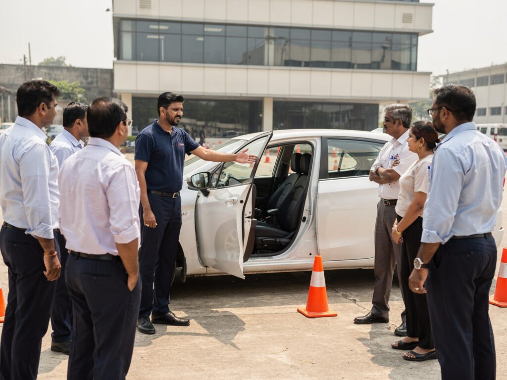 An instructor giving a road-safety briefing to a group of company drivers beside a training car