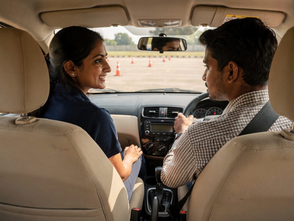 A young learner driving a training car with a female instructor supervising from the passenger seat