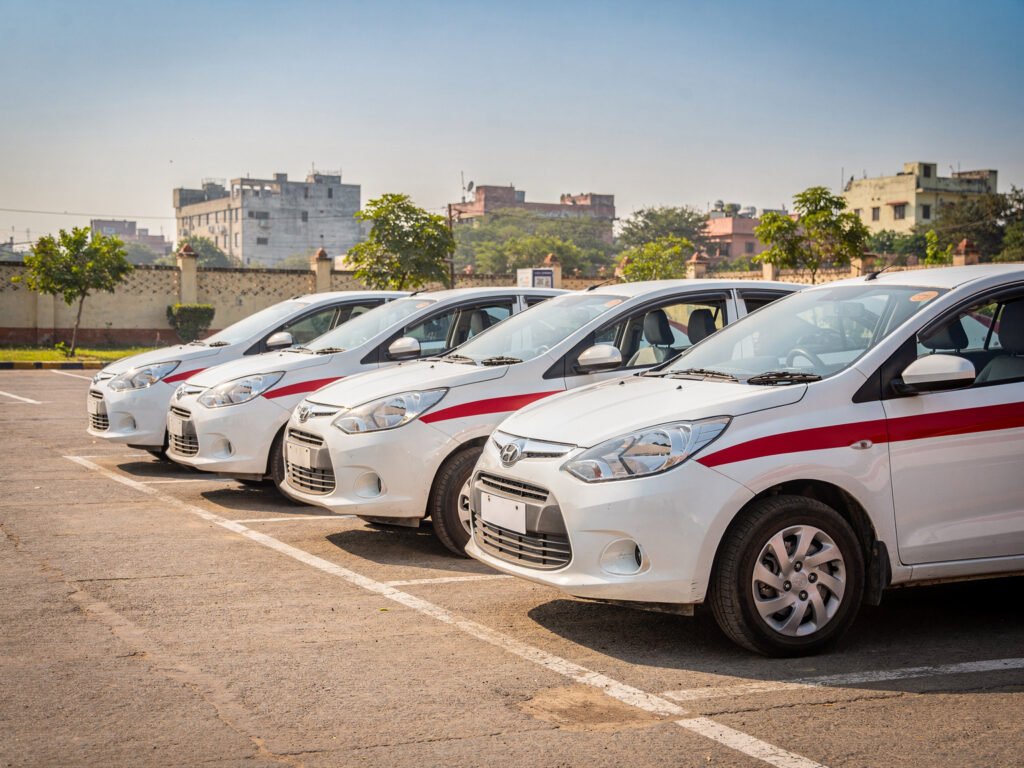 Lineup of driving school training vehicles